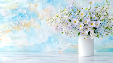 Spring Bouquet of White and Blue Flowers in Vase