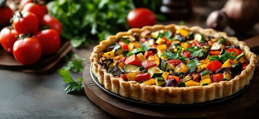 Colorful vegetable tart with fresh ingredients, featuring zucchini, bell peppers, tomatoes, and herbs, beautifully arranged on a wooden table, copy space for text