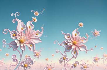 Ethereal Floral Dreamscape: Pink and White Flowers in a Swirling Blue Sky