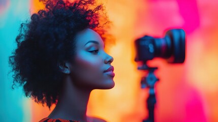 Woman with afro, vibrant colorful background. Ideal for beauty, fashion, and vlogging projects.