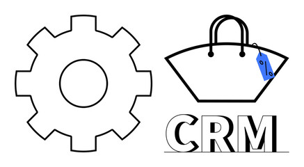 Gear icon next to a shopping bag with a blue tag and CRM text. Ideal for marketing, customer service, automation, e-commerce, business management, sales strategy, and system integration concepts