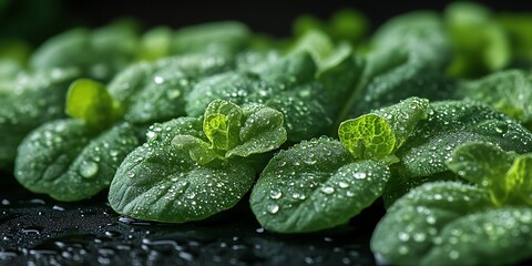 Dewy fresh mint leaves closeup.