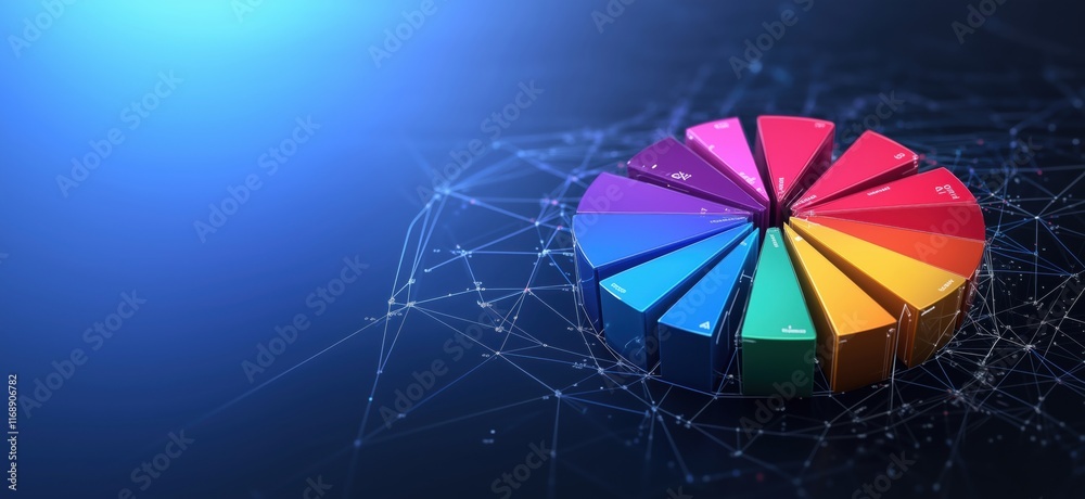 Poster colorful pie chart representing data visualization with vibrant segments and network connections in 