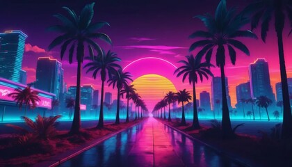 Neon Cityscape Palm-Lined Retro Sunset Road