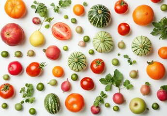 A Colorful Array of Fresh Fruits and Vegetables Displayed Artistically on a White Surface, Featuring a Variety of Textures and Shapes for Culinary Inspiration