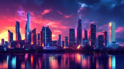 Fototapeta premium A vibrant city skyline at dusk, illuminated by colorful lights reflecting in the water, creating a stunning urban landscape.