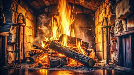 Cozy winter scene: burning embers glow in a retro fireplace, creating a warm hearth.