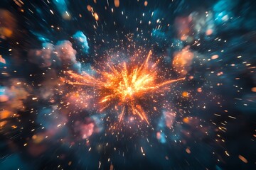 Fototapeta premium Fiery Explosion in Dark Space With Glowing Particles