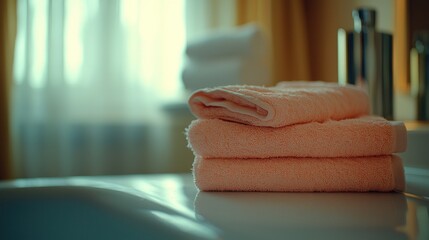 Folded peach towels on bathroom sink, sunlit window.