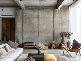 Modern Living Room with Concrete Wall and Comfortable Seating
