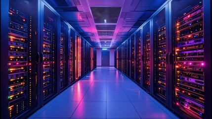 A vibrant server room featuring rows of illuminated racks, showcasing a blend of blue and pink lights along a spacious aisle.