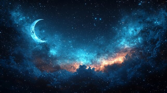 Crescent moon and starry night sky with vibrant nebula clouds. - Powered by Adobe