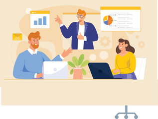 A modern design capturing a business conference setting with a focus on data analysis, charts, and collaborative discussions for informed decision-making and strategy planning.