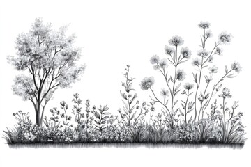 Realistic botanical drawing of wildflowers and tree in black and white