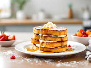 French toasted with butter and honey for breakfast