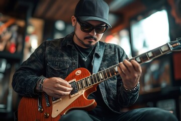 Obraz premium Asian musician playing electric guitar in a music store, wearing sunglasses and a baseball cap