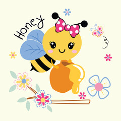Adorable bee vector illustration enjoying honey surrounded by beautiful flower decorations.