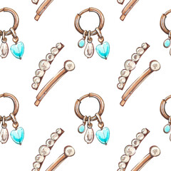 A seamless pattern on a beauty theme, which contains beautiful hairpins. Watercolor hand drawn illustration. Fashion sketch. Art for design, beauty, advertising. Stylish graphic