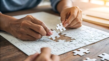 Engaging in a jigsaw puzzle on a wooden table.