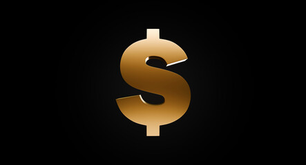 Gold dollar sign on black background 3D illustration