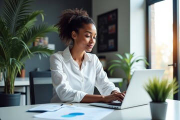 Focused young woman working on laptop in modern office with plants, ideal for productivity and business marketing materials.