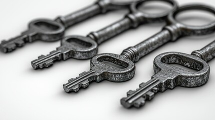 Four antique keys on white surface.