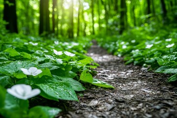 A misty forest with flowers. Generative AI