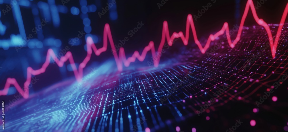 Aufkleber digital data visualization with vibrant red and blue waveforms representing fluctuating statistics a
