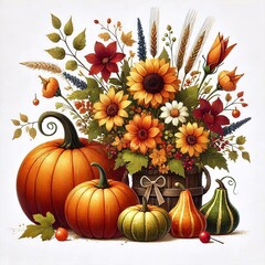 Autumn pumpkins with seasonal flowers, illustration on white background