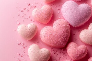 Obraz premium Pink and peach sweet candy hearts sprinkled with sugar on pink background with water droplets