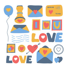 Love Letter with Envelope Collection. An envelope with a heart seal and a letter peeking out. Set of Romantic open and closed envelopes with cards, letters and wax hearts-shaped seal.