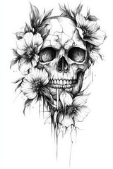 draw, skull, black art, tattoo, flowers, plants, drawing, face