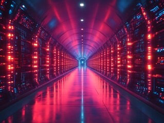 Futuristic server room with neon lights.