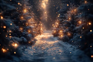 Naklejka premium a picturesque new years winter scene featuring snowcovered fir trees lining a forest path twinkling with bokeh effects inviting tranquility and space for personal reflections