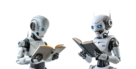 Image of robot reading a book on a white background