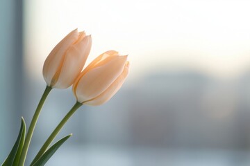 Two delicate peach tulips blooming near window with city view