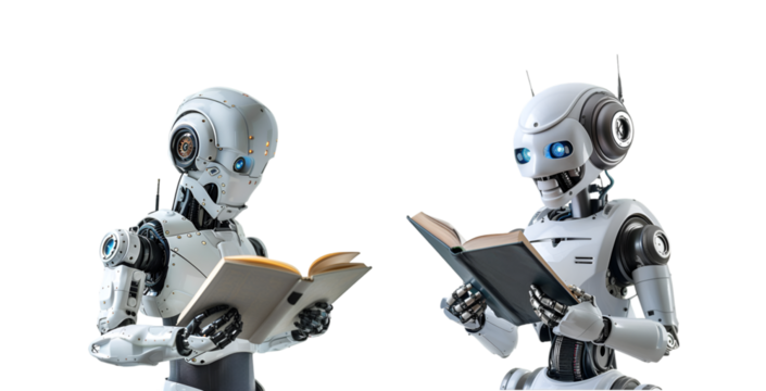 Image of robot reading a book on a white background