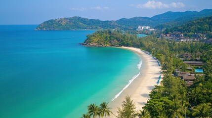 Aerial Tropical Paradise: White Sandy Beach and Turquoise Sea with Lush Palm Trees, Exquisite Drone Shot