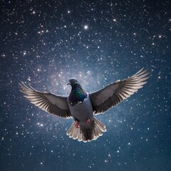 A pigeon with galaxy-patterned feathers flying through a sparkling sky.