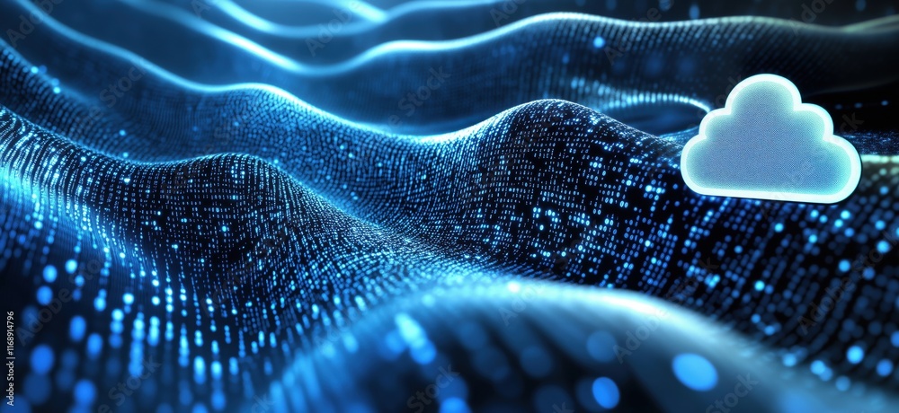 Poster digital cloud computing concept with flowing data waves and glowing binary code representation, illu