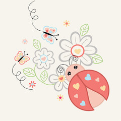 Cute ladybug vector design with beautiful flower decoration, vibrant and playful