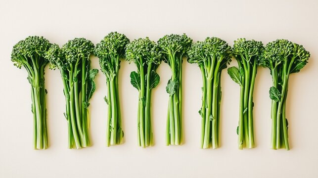 Fresh broccolini lined up on white background for food photography.