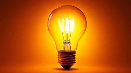 Illuminating idea, a single light bulb glowing on vibrant orange backdrop bright