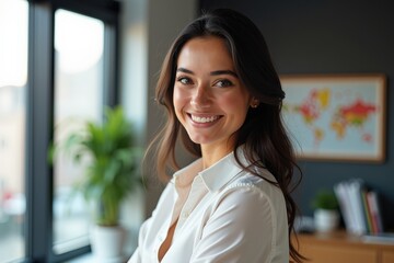 Professional Woman Smiling in Office Setting, Perfect for Business, Marketing, and Inspirational Content