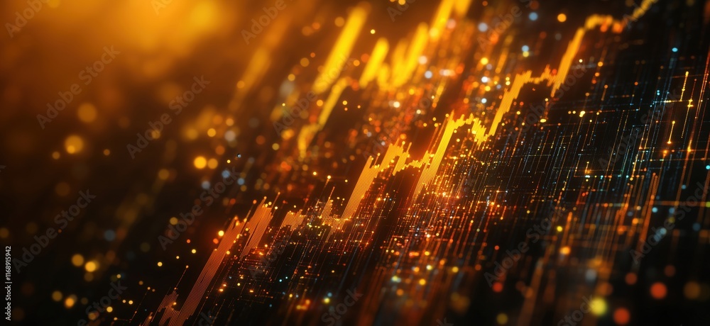Poster dynamic financial market data visualization with glowing lines and particles representing stock tren