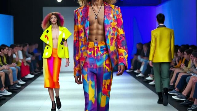 A man in a colorful suit walks down a runway with a crowd of people watching