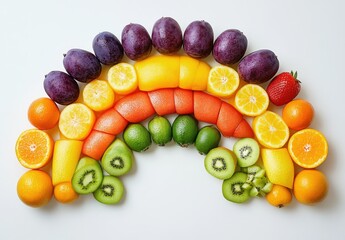 Colorful Arrangement of Fresh Fruits Creating a Vibrant Rainbow Design on a White Background Illustrating Healthy Eating and Nutrition