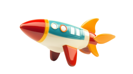 toy rocket ship with minimalistic design and bold color scheme, isolated on white