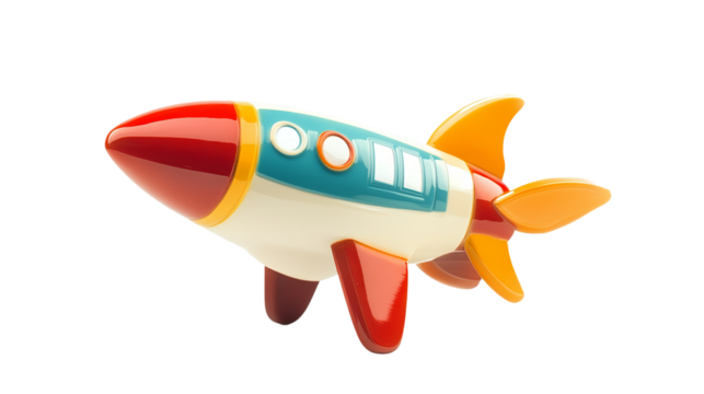 toy rocket ship with minimalistic design and bold color scheme, isolated on white