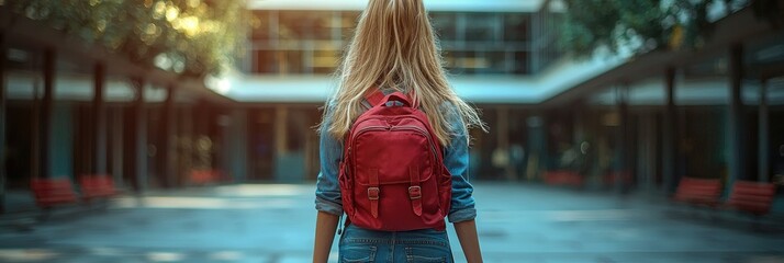 Blonde girl with red backpack walks away from school building.